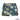 Hawaiian-style swim shorts with yellow flowers and blue background on a white background