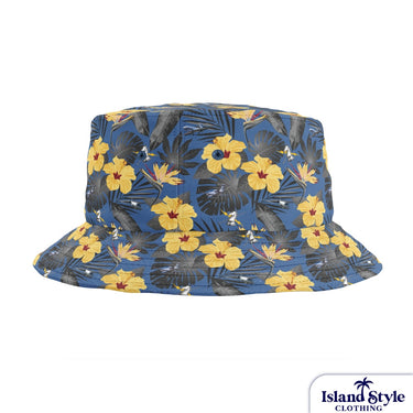 Bucket hat with tropical floral pattern on a white background, featuring the brand 'Island Style Clothing'.