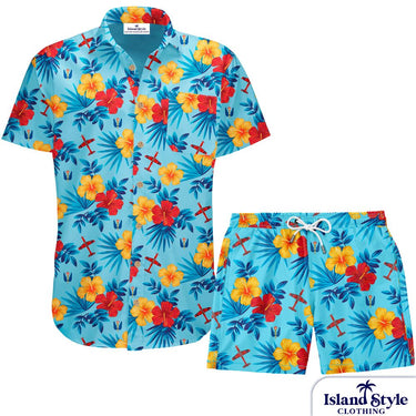 Hawaiian shirt and shorts set with tropical floral pattern on a white background, featuring 'Island Style Clothing' brand.