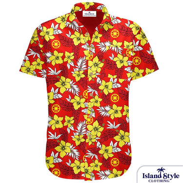 Red floral patterned shirt with yellow flowers on a white background