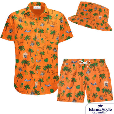 Orange shirt, shorts and bucket hat with tropical pattern on a white background