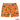 Orange swim shorts with tropical pattern on a white background