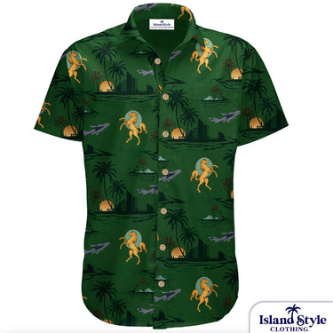 Green Hawaiian shirt with island-themed design on a white background