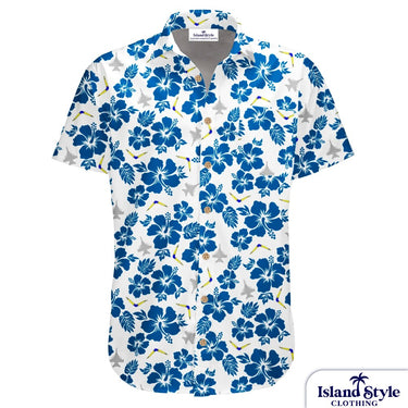 Short-sleeve shirt with blue floral pattern on a white background, featuring 'Island Style Clothing' branding.