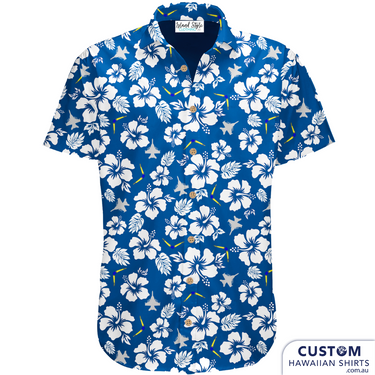 6 Squadron RAAF - Custom Military Shirts. This is a classic and stylish Hawaiian shirt design. Featuring fighter jets, hibiscus flowers and leaves on a blue base. Cotton Hawaiian Shirts Embossed coconut buttons