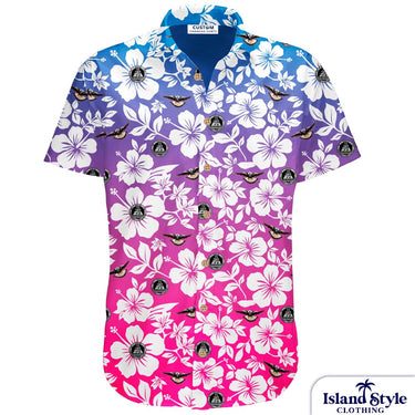 Hawaiian shirt with floral pattern on a blue to pink gradient base, featuring magpie