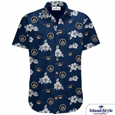 Navy blue shirt with white floral and bird pattern