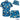 Blue tropical-themed shirt, shorts, and hat set with floral and leaf patterns on a white background.