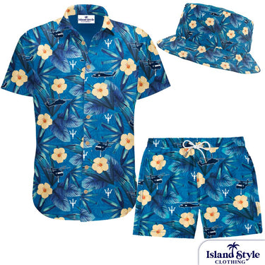 Blue tropical-themed shirt, shorts, and hat set with floral and leaf patterns on a white background.