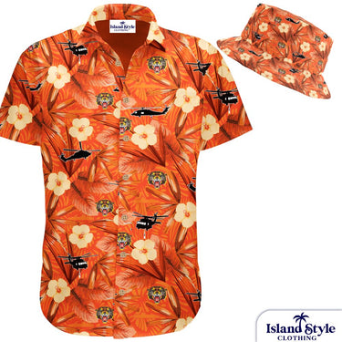 Orange floral patterned shirt and hat with 'Island Style Clothing' branding.