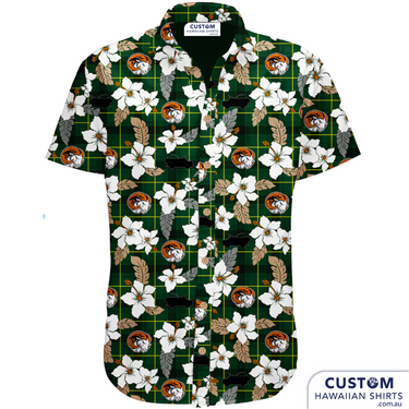 8/9th Battalion, Royal Australian Regiment. New Customised Uniforms featuring flowers, leaves, as well as their insignia on a tartan base. 100% Cotton Embossed coconut buttons