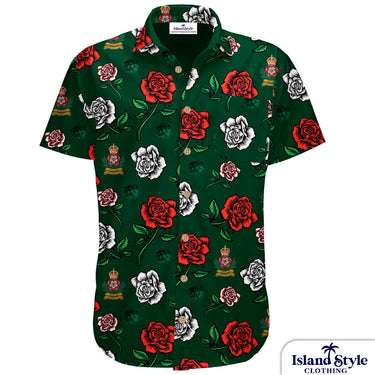 Green shirt with red and white floral pattern on a white background