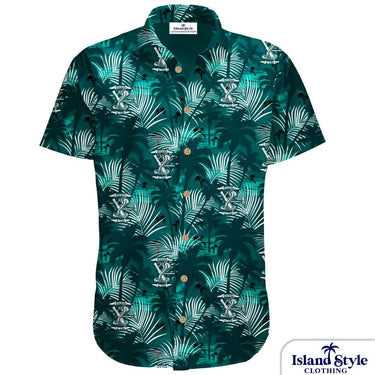 Green patterned shirt with palm leaf design on a white background, featuring 'Island Style Clothing' brand.