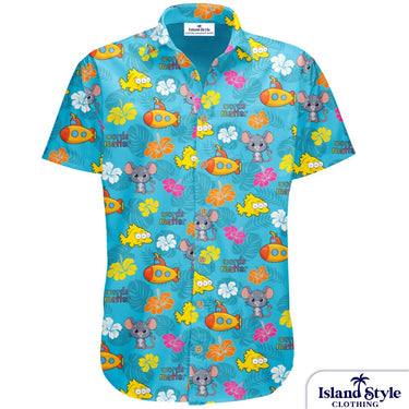 Colorful children's shirt with cartoon designs on a white background