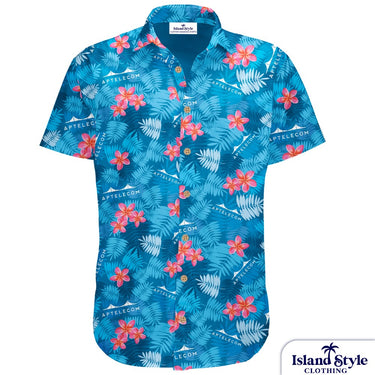 Blue floral patterned shirt with brand logo on a white background