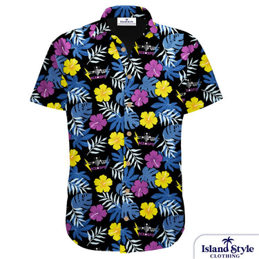 Colorful floral patterned shirt on a white background with 'Island Style Clothing' branding.