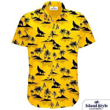 Yellow shirt with black island and wolf pattern on a white background