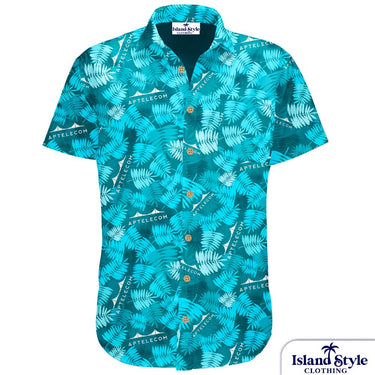 Blue tropical patterned shirt with 'Island Style Clothing' branding on a white background