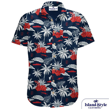 Navy Hawaiian shirt with red and white floral pattern on a white background