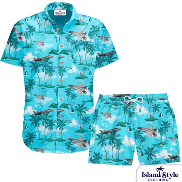 Hawaiian shirt and shorts set with tropical design on a white background