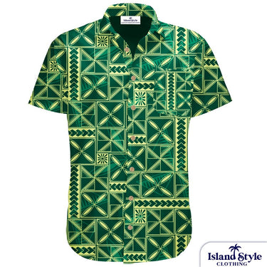 Green and yellow patterned shirt on a white background with 'Island Style Clothing' branding.