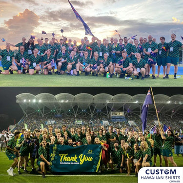 We were very proud to supply the Australian Olympic Committee, for a second time, these customised Hawaiian shirts for the team to wear to the Pacific Games in Solomon Island 2023. They wanted a shirt that represented Australia - gum leaves and also the host country with hibiscus flowers and tribal motif of course in the Australian team colours.