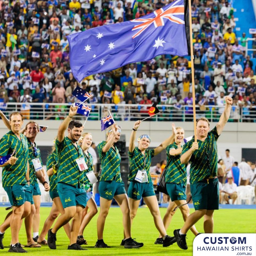 We were very proud to supply the Australian Olympic Committee, for a second time, these customised Hawaiian shirts for the team to wear to the Pacific Games in Solomon Island 2023. They wanted a shirt that represented Australia - gum leaves and also the host country with hibiscus flowers and tribal motif of course in the Australian team colours.