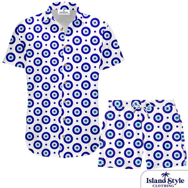 Shirt and shorts set with blue and white circular pattern on a white background, featuring 'Island Style Clothing' branding.