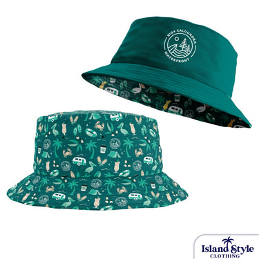 Two green bucket hats with different patterns on a white background, featuring the Island Style Clothing brand.