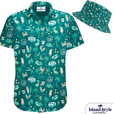 Teal Hawaiian shirt with matching hat featuring island-themed pattern on a white background.