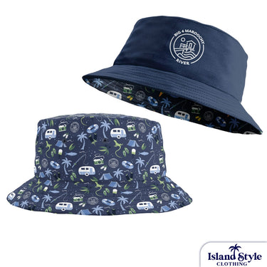 Two navy bucket hats with different patterns on a white background, featuring the Island Style Clothing brand.