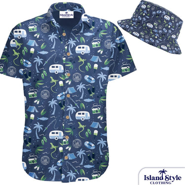 Blue patterned shirt and hat with 'Island Style Clothing' branding on a white background