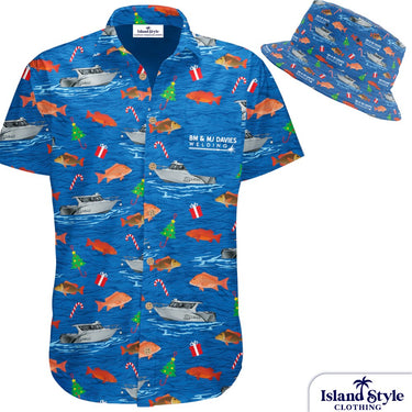 Blue shirt with fishing-themed pattern and matching hat on a white background