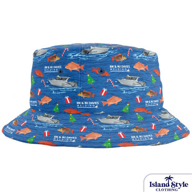 Blue bucket hat with fishing-themed pattern on a white background
