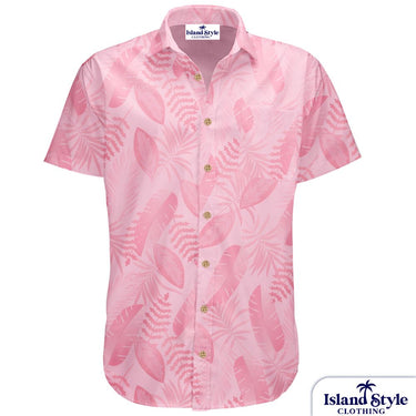 Pink patterned shirt with gold buttons on a white background, featuring 'Island Style Clothing' branding.