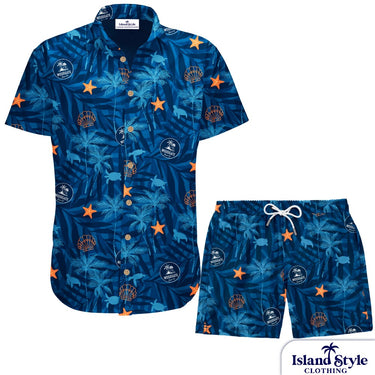Blue tropical pattern shirt and shorts set with 'Island Style Clothing' branding.