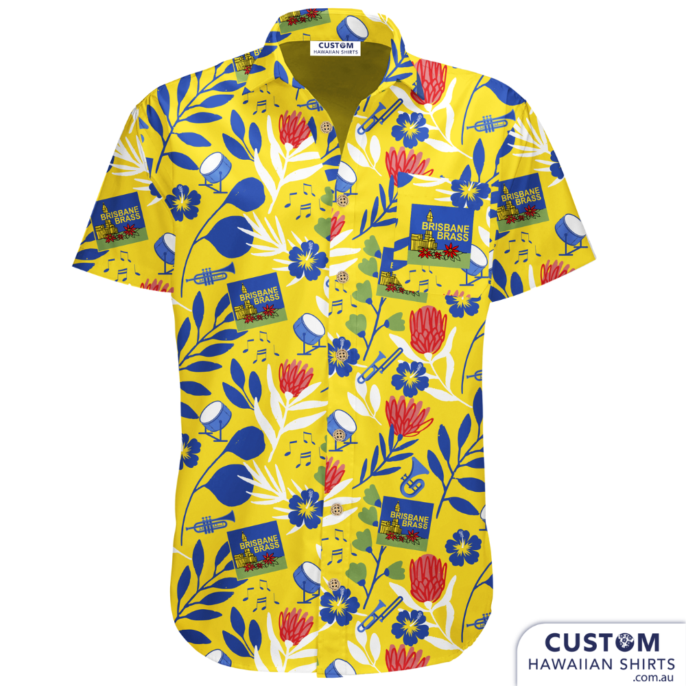 We designed these awesome custom Hawaiian shirts for Brisbane Brass Band incorporating many of their instruments and Aussie flowers.