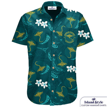 Teal Hawaiian shirt with yellow dragon and flower pattern on a white background