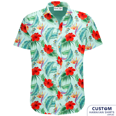 For the ADF PICC23 Pacific Island Cricket Tournament Challenge - held in Fiji 2023. Customised Team Uniforms featuring bold hibiscus flowers, bird of paradise flowers, tropical leaves and their logo on a green base. 100% Cotton Embossed coconut buttons