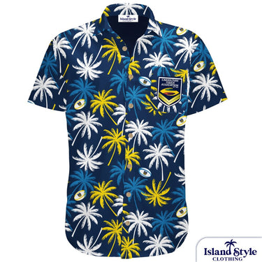 Caboolture Touch Association | Custom Rugby Shirts. Navy base with palm trees.