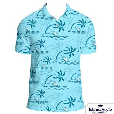 Castaways on Moreton | Custom Polo Uniforms, blue shirt with palm trees and water