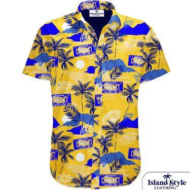 Crawfordsville Dance, USA | Custom Hawaiian Shirt Uniforms, yellow shirt with palm trees and islands