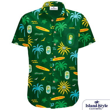 Green patterned shirt with palm trees and surf rescue text on a white background, featuring Island Style Clothing brand.