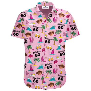 Pink Hawaiian shirt with tropical patterns and 'Blackie's 60' branding on a white background