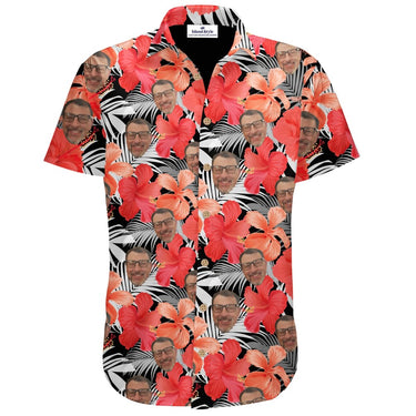 Short-sleeve shirt with floral and face pattern on a white background