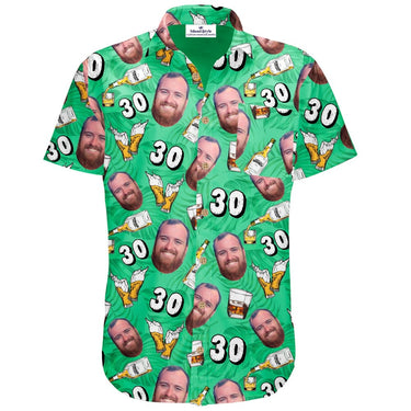 Green shirt with printed design of a man's face, number 30, and beer bottles on a white background