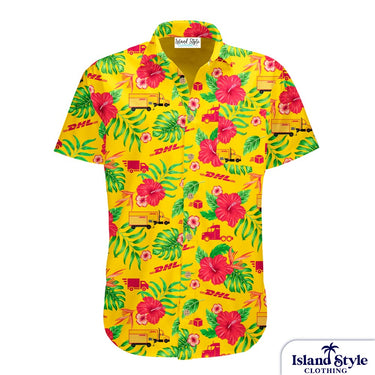 Colorful tropical shirt with DHL logos and Island Style Clothing branding on a white background