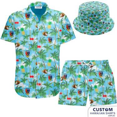 Defence Cooperation Program – Timor Leste Showcasing some new custom shirts, shorts and bucket hats designed and despatched to Timor Leste to the ADF stationed there. The design features Palms, Pineapples, Coconuts and their logos on a sky blue background with clouds. Mens Shirts Mens Shorts Bucket hats Embossed coconut buttons