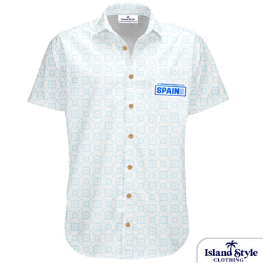 Short-sleeve shirt with a pattern and 'Spain' text on a white background, featuring Island Style Clothing branding.
