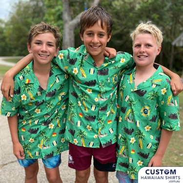 These custom shirts were designed for the Dicky Beach Surf Life Saving Club at one of our local beaches here on the Sunshine Coast, Queensland. These eye-catching shirts feature a local wreck, logo, surfboards with a background of frangipanis and palms. 100% soft rayon Adults & Kids cuts Chest pocket Coconut buttons